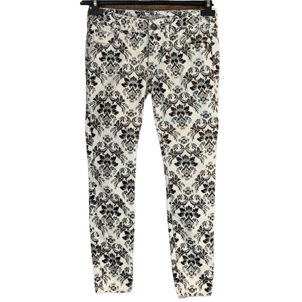 Free People Brocade Flocked Floral Skinny Jeans White Black Size 24